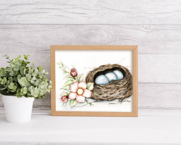Digital Print Bird Nest Roses No.2 Watercolor Instant Download