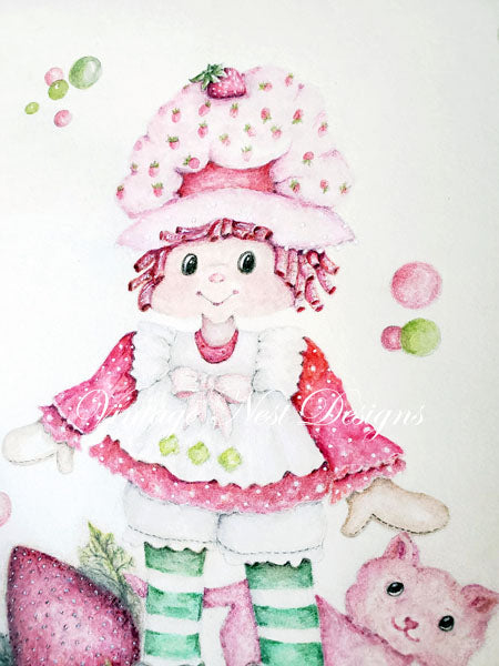 Impression Numérique Fraisier Charlotte aux Fraises No.1 Aquarelle Téléchargement Immédiat