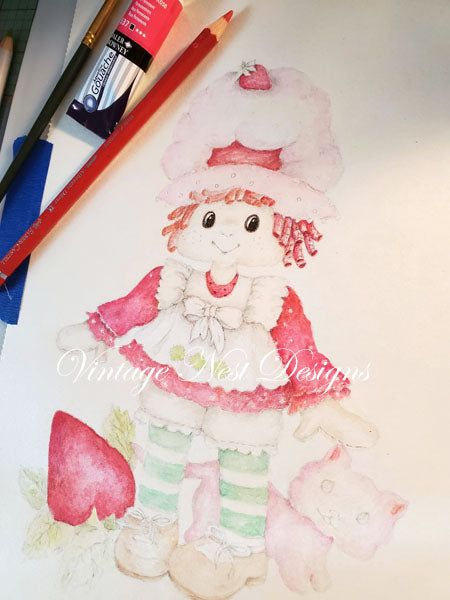 Impression Numérique Fraisier Charlotte aux Fraises No.1 Aquarelle Téléchargement Immédiat