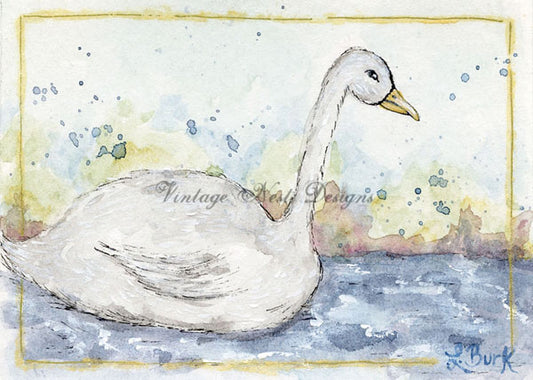 Digital Print Swan No.2 ACEO Watercolor Painting Instant Download