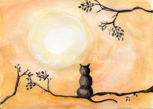 Digital Print The Cat & the Moon No.2 ACEO Watercolor Instant Download