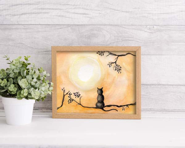 Digital Print The Cat & the Moon No.2 ACEO Watercolor Instant Download