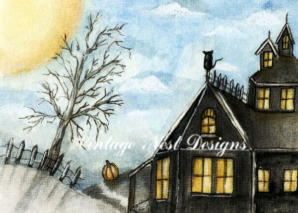 Digital Print The Pumpkin & Cat No.2 ACEO Watercolor Instant Download