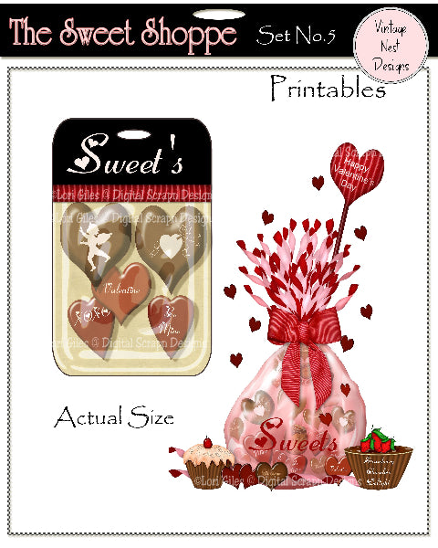 Valentine-themed printables from The Sweet Shoppe with heart designs and a pink vase.