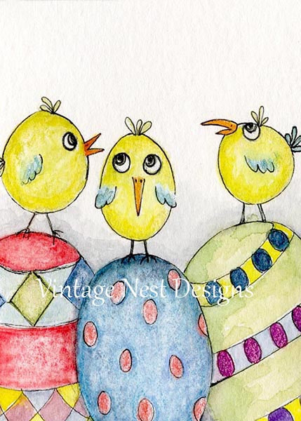 Digital Print Three Quirky Tweets No.1 ACEO Watercolor Painting Instant Download