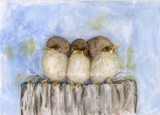 Digital Prints Three Tweets Birds No.1 Watercolor Painting Instant Download