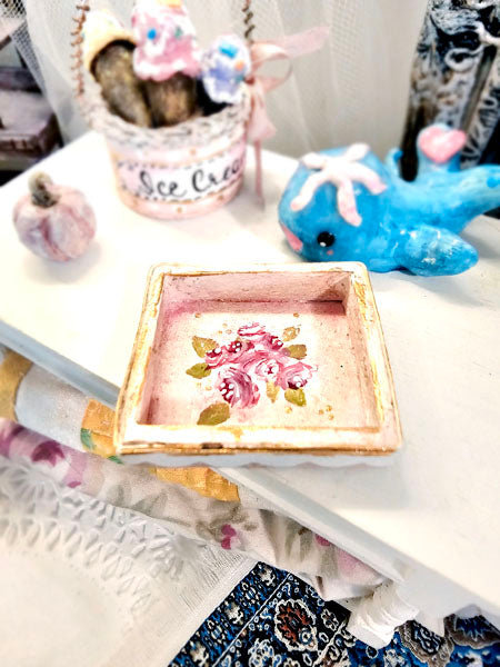 Miniature Tray No.4 Handmade for Dollhouse Wooden Art Hand Painted Roses