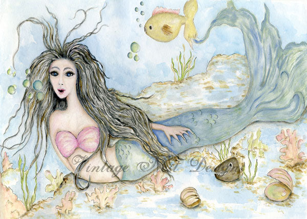 Digital Print Under the Sea Mermaid No.2 Watercolor Instant Download