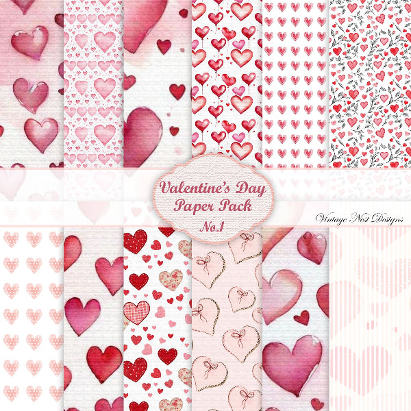 A collage of 12 Valentine's Day themed paper pattern swatches in shades of pink, red, and white, with a central label reading 'Valentine's Day Paper Pack No.1' and a small 'Vintage Nail Designs' watermark.