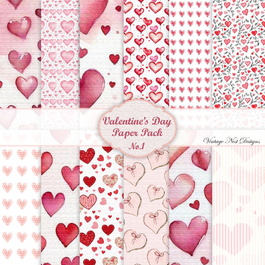 A collage of 12 Valentine's Day themed paper pattern swatches in shades of pink, red, and white, with a central label reading 'Valentine's Day Paper Pack No.1' and a small 'Vintage Nail Designs' watermark.