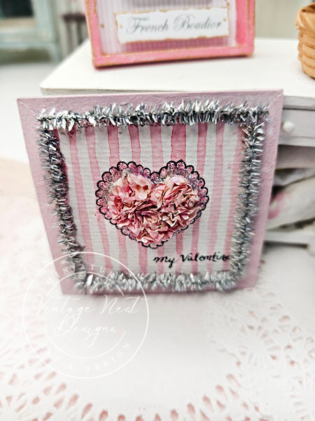Doll Miniature Decor Valentine Heart No.5 Pink Wooden Framed Art