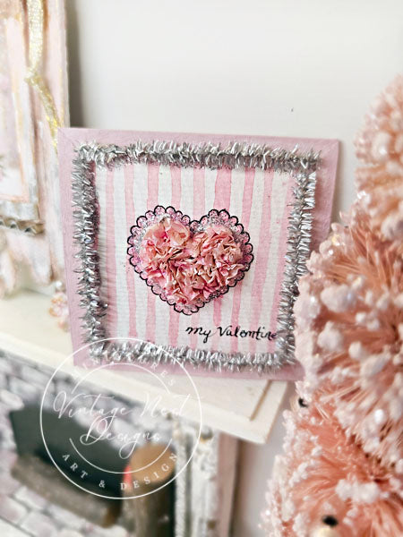 Doll Miniature Decor Valentine Heart No.5 Pink Wooden Framed Art