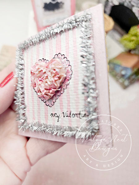 Doll Miniature Decor Valentine Heart No.5 Pink Wooden Framed Art