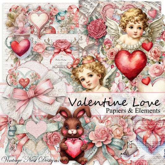A collage-style Valentine's Day paper or digital design set titled 'Valentine Love Papiers & Elements' by Vintage Nest Designs, featuring cherubs, roses, hearts, ribbons, a bunny, and vintage musical notes in soft pink, red, cream, and brown tones.