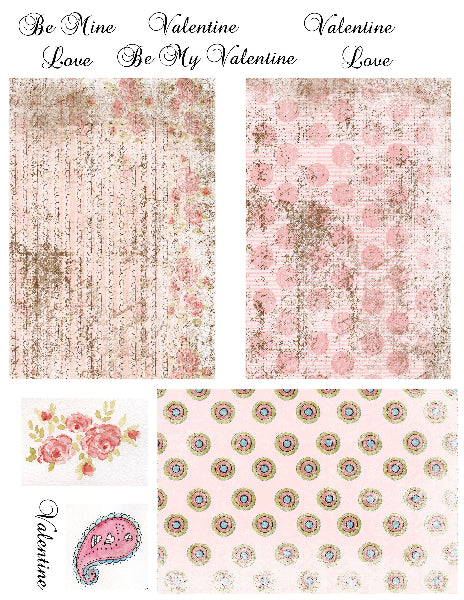 A collage of Valentine's Day themed patterned papers and digital designs, featuring floral prints, cursive script texts like 'Be Mine Valentine' and 'Be My Valentine', a small watercolor rose, and a pink paisley heart with 'LOVE' written inside.