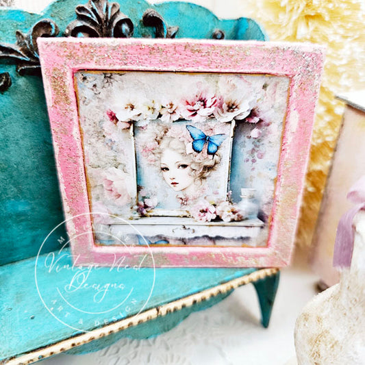 Miniature Victorian Woman No.3-1 Pink Wood Frame Dollhouse Wall Decor 1:12 Scale
