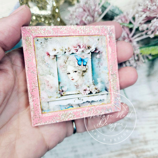 Miniature Victorian Woman No.3-1 Pink Wood Frame Dollhouse Wall Decor 1:12 Scale
