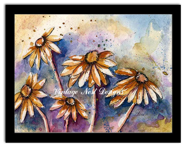 Digital Print Cone Flowers No.1 ACEO Watercolor Painting Instant Download