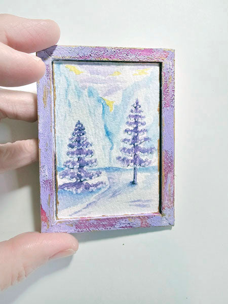 Miniature Winter Lavender Trees No.1:1 Handmade for Dollhouse Wooden Framed Original Art