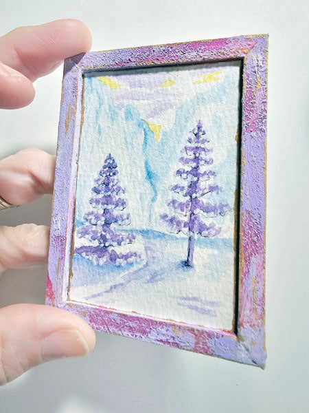 Miniature Winter Lavender Trees No.1:1 Handmade for Dollhouse Wooden Framed Original Art