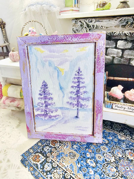 Miniature Winter Lavender Trees No.1:1 Handmade for Dollhouse Wooden Framed Original Art