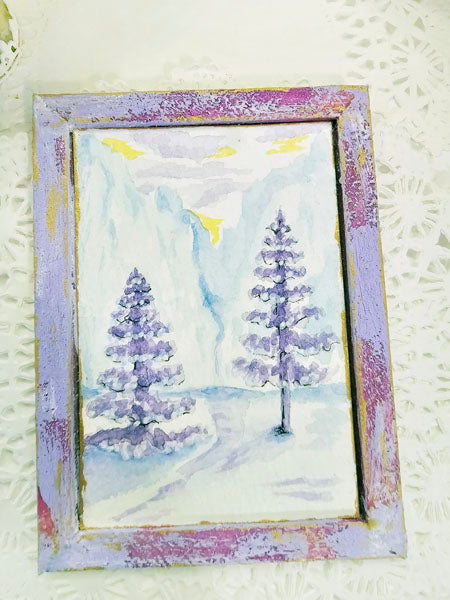 Miniature Winter Lavender Trees No.1:1 Handmade for Dollhouse Wooden Framed Original Art