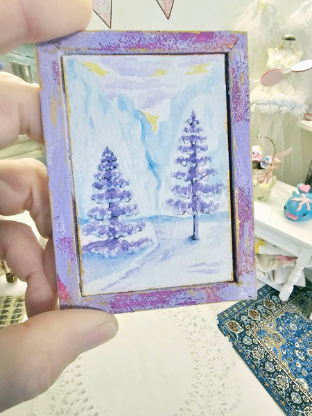 Miniature Winter Lavender Trees No.1:1 Handmade for Dollhouse Wooden Framed Original Art