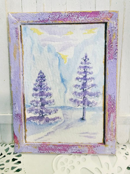 Miniature Winter Lavender Trees No.1:1 Handmade for Dollhouse Wooden Framed Original Art