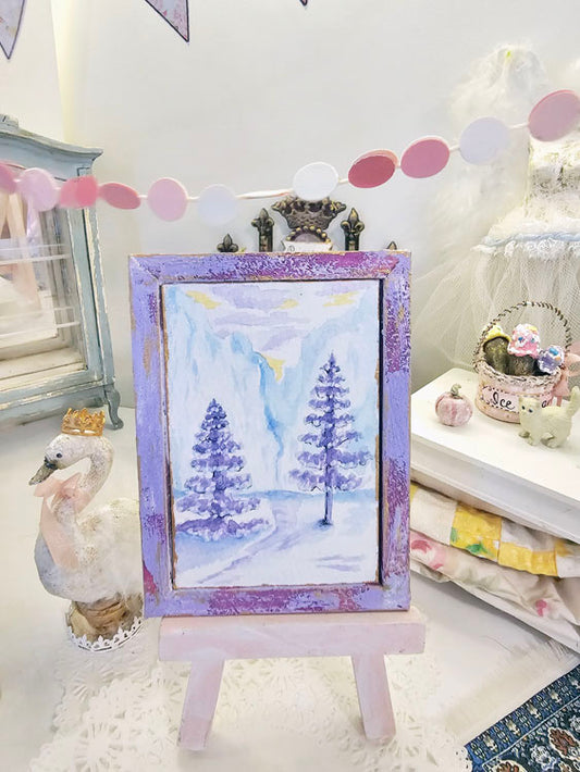 Miniature Winter Lavender Trees No.1:1 Handmade for Dollhouse Wooden Framed Original Art