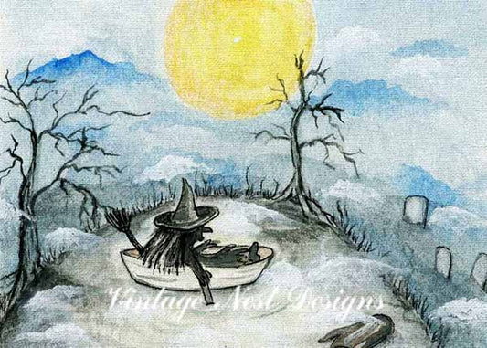 Digitaldruck Die Hexe im Boot Nr. 1 ACEO Aquarell Sofort-Download