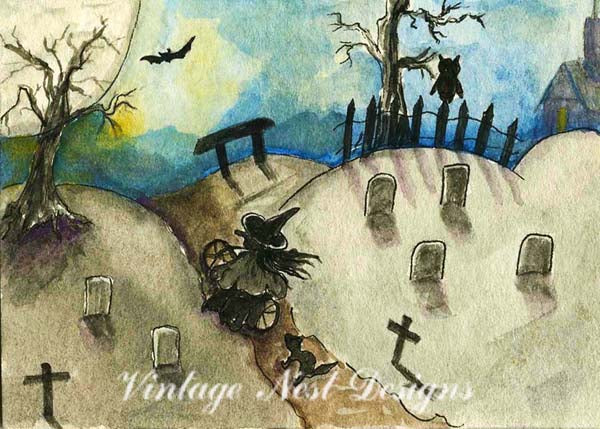 Impression numérique Sorcière dans le cimetière n°1 Peinture aquarelle ACEO
