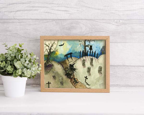 Impression numérique Sorcière dans le cimetière n°1 Peinture aquarelle ACEO