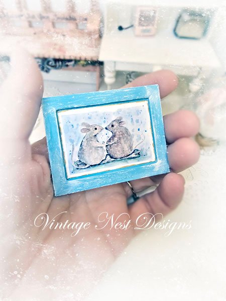Mice No.9:2 Dollhouse Miniature Handmade Wooden Framed Art image 3