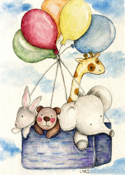 Digital Prints Animals & Balloons Watercolor Painting image 0
