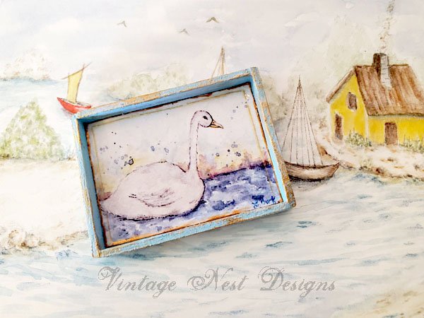 Swan No.2:1 Dollhouse Miniature Handmade Wooden Framed Art image 1