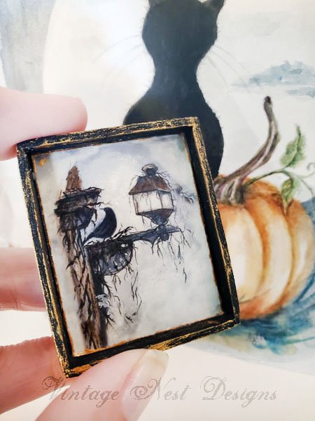 Crow and Lantern No.1:3 Dollhouse Miniature Handmade Wooden Framed Art image 3
