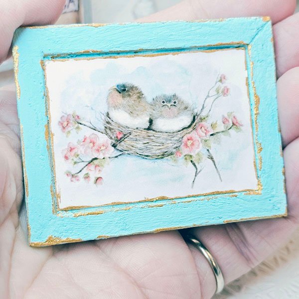 Bird Nest Roses No.5:2 Dollhouse Miniature Handmade Wooden Framed Art image 1
