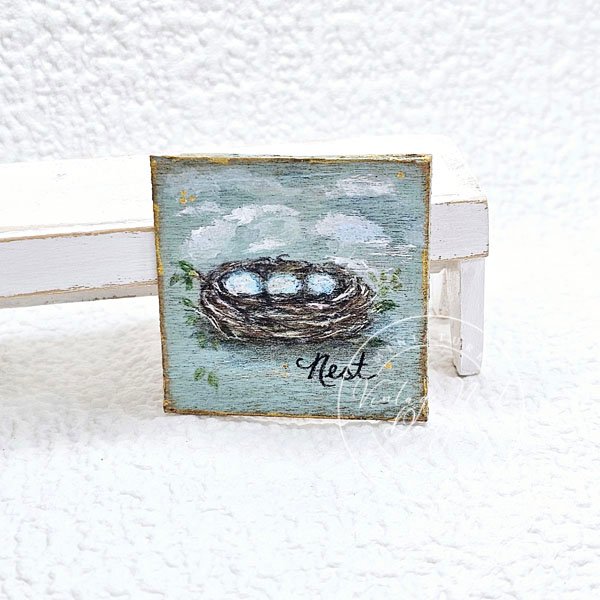 Bird Nest No.2:2 Dollhouse Miniature Original Painting Handmade Wooden Framed Art image 1