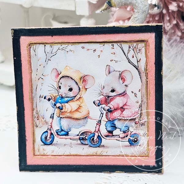 Nursery Mice No.1:3 Dollhouse Miniature Handmade Wooden Framed Art image 0