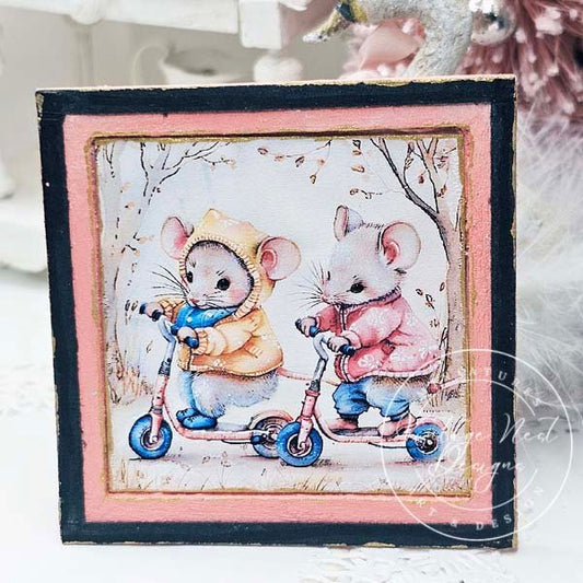 Nursery Mice No.1:3 Dollhouse Miniature Handmade Wooden Framed Art image 0