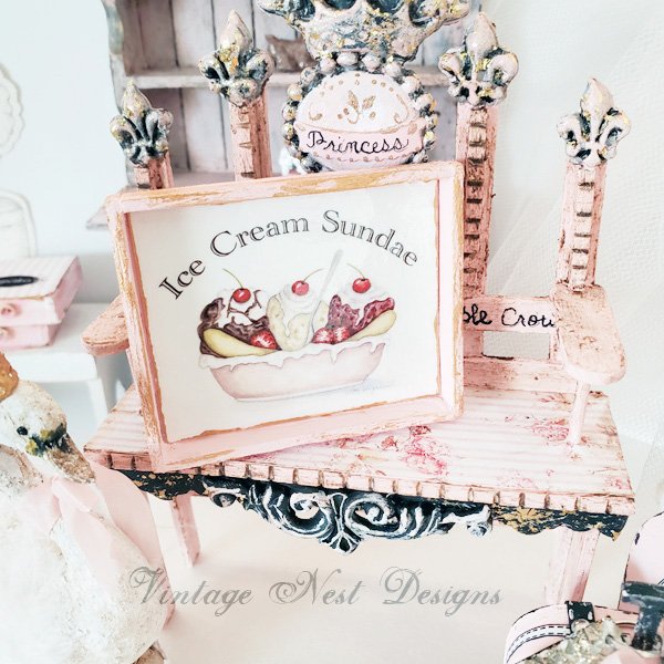 Banana Split Sundae No.3:1 Dollhouse Miniature Handmade Wooden Framed Art image 1