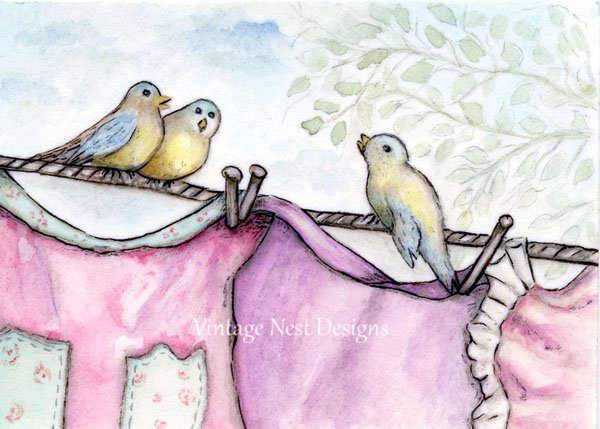 Laundry Birds No.1 Digital Prints Watercolor Painting image 0