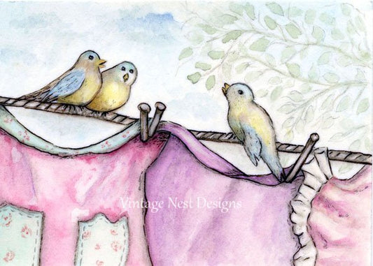 Laundry Birds No.1 Digital Prints Watercolor Painting image 0