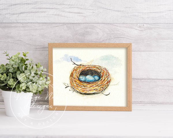 Bird Nest Blue Eggs No.1 Digital Prints Watercolor Painting image 1