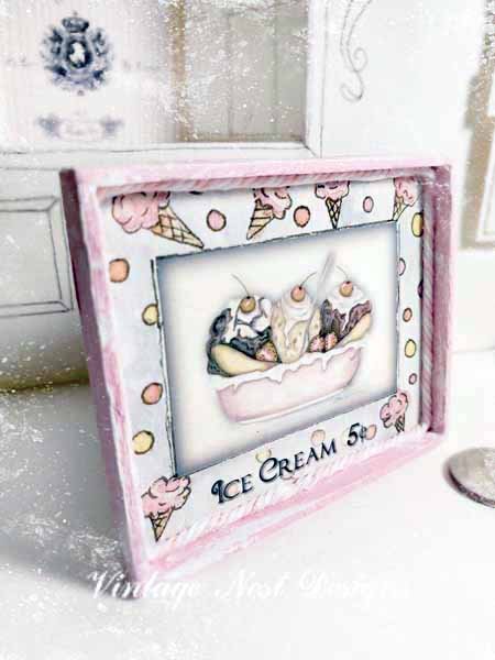 Banana Split Sundae No.1:2 Dollhouse Miniature Handmade Wooden Framed Art image 1