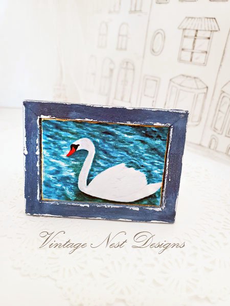 Swan No.3:1 Dollhouse Miniature Handmade Wooden Framed Art image 2