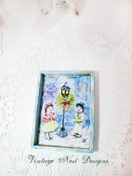 Children Carolers No.1:1 Dollhouse Miniature Handmade Wooden Framed Art image 2