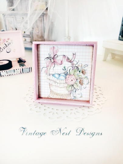 Basket of Flowers No.1:1 Dollhouse Miniature Handmade Wooden Framed Art image 0