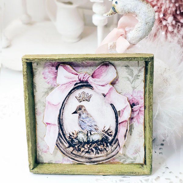Bird Nest Green Eggs No.1 Dollhouse Miniature Handmade Framed Art image 0