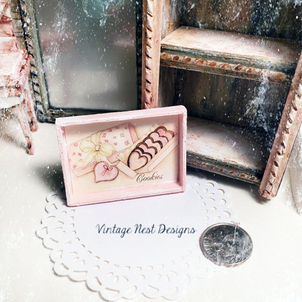 Box of Pink Cookies No.1:1 Dollhouse Miniature Handmade Framed Wooden Art image 2